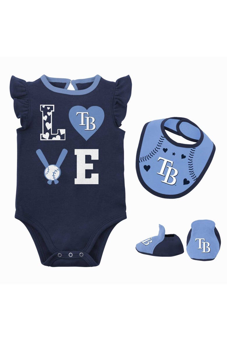 Newborn & Infant Navy/Light Blue Tampa Bay Rays Three-Piece Love of Baseball Bib Bodysuit & Booties Set, Main, color, Navy