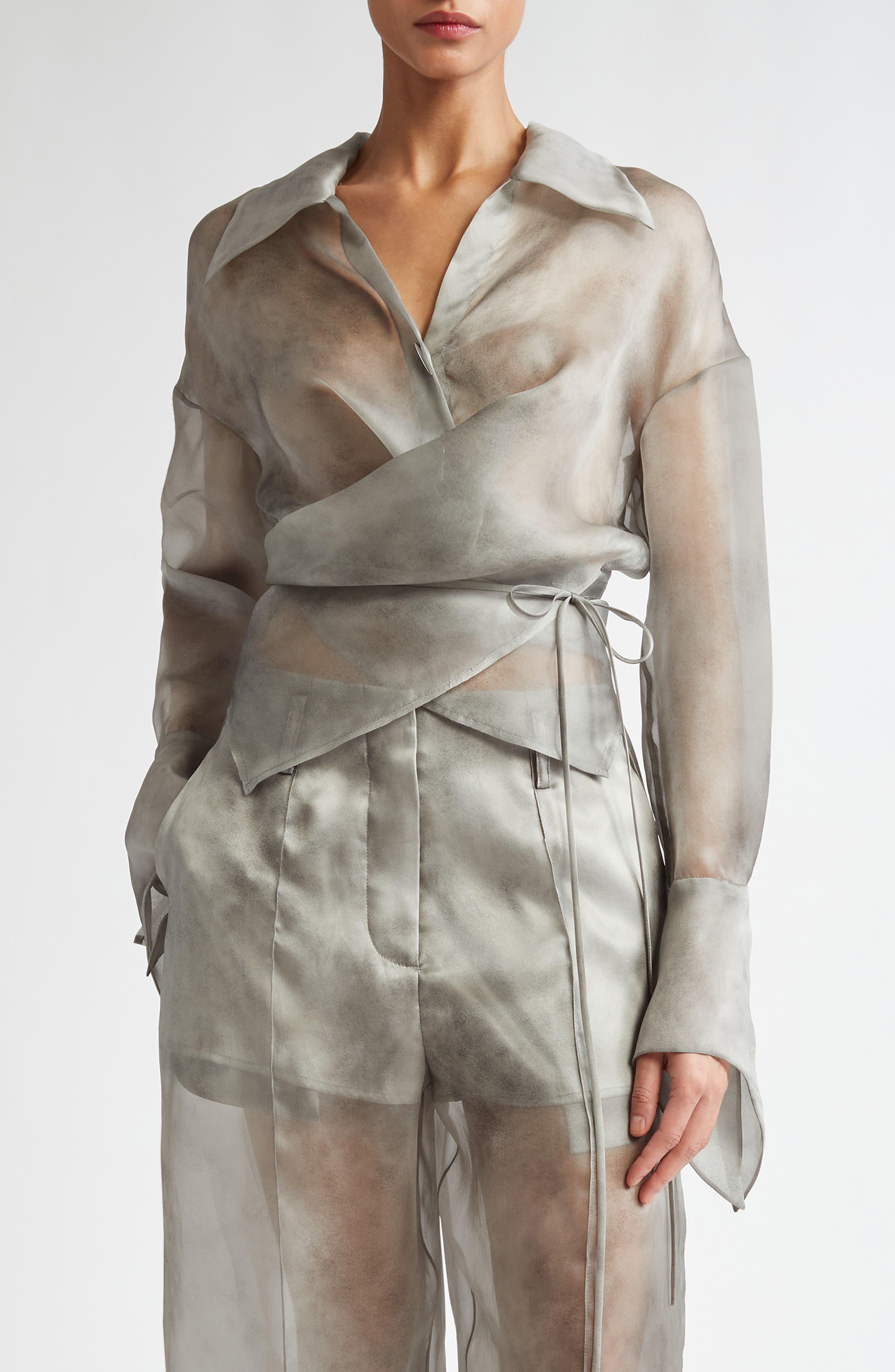 GRACE LING Fog Silk Organza Wrap Shirt in Fog Grey 
