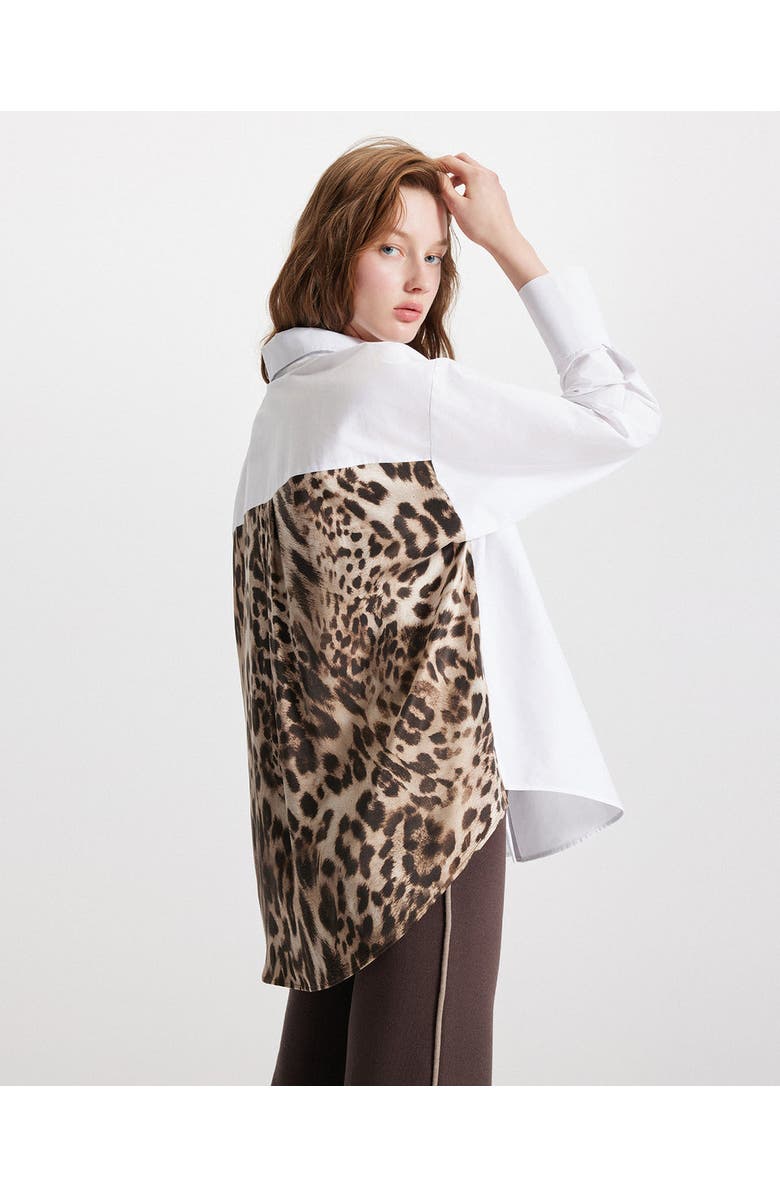 THEO The Label Echo Print Back Banker Shirt, Alternate, color, White/Leopard