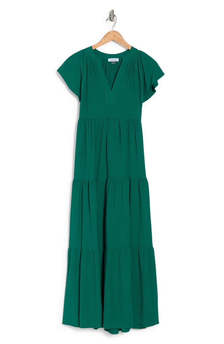 Calvin Klein Gauze Split Neck Midi Dress, Alternate, color,