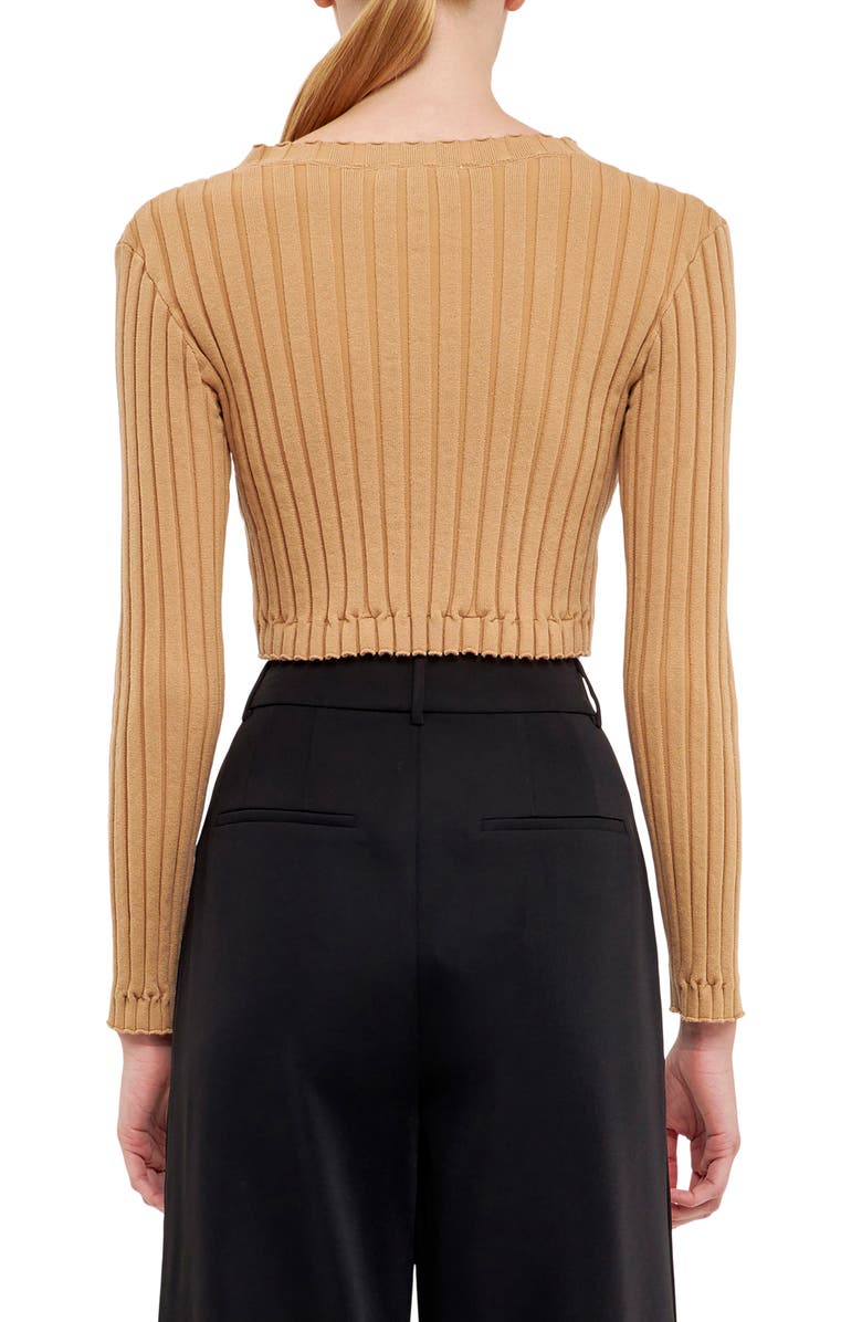 Endless Rose Crop Lettuce Edge Long Sleeve Top, Alternate, color, Camel