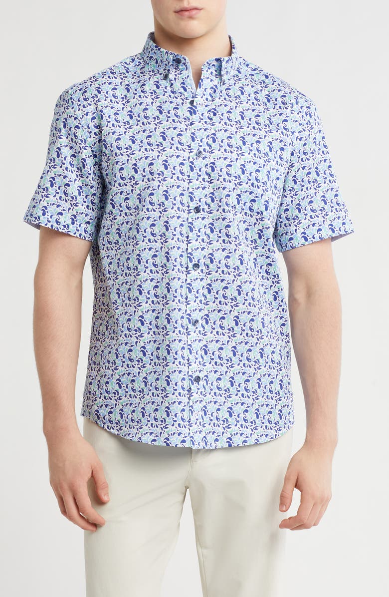 Johnston & Murphy Textured Short Sleeve Cotton Button-Down Shirt, Main, color,