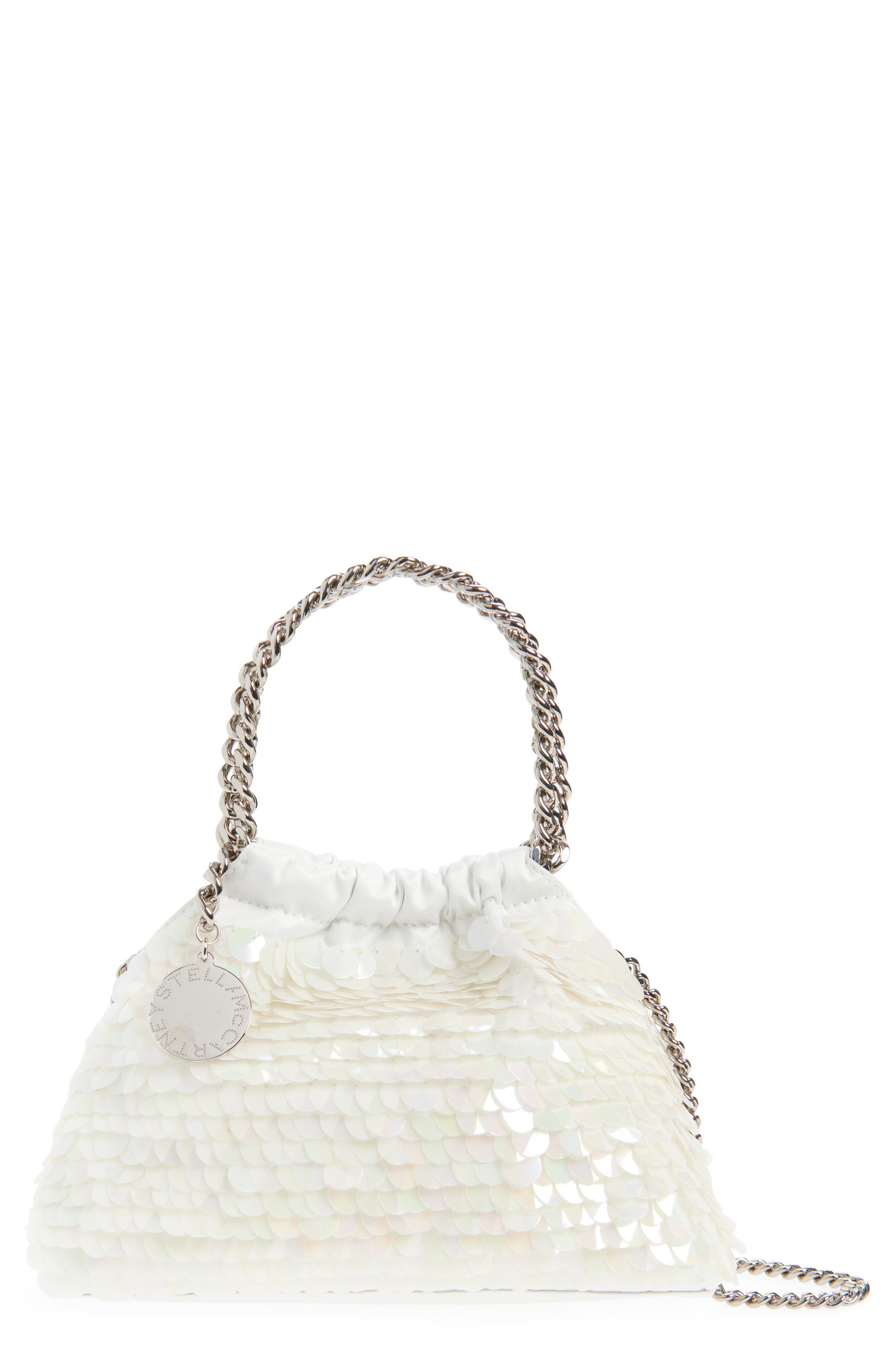 Stella McCartney Mini Falabella Sequin Drawstring Bag, Main, color, White