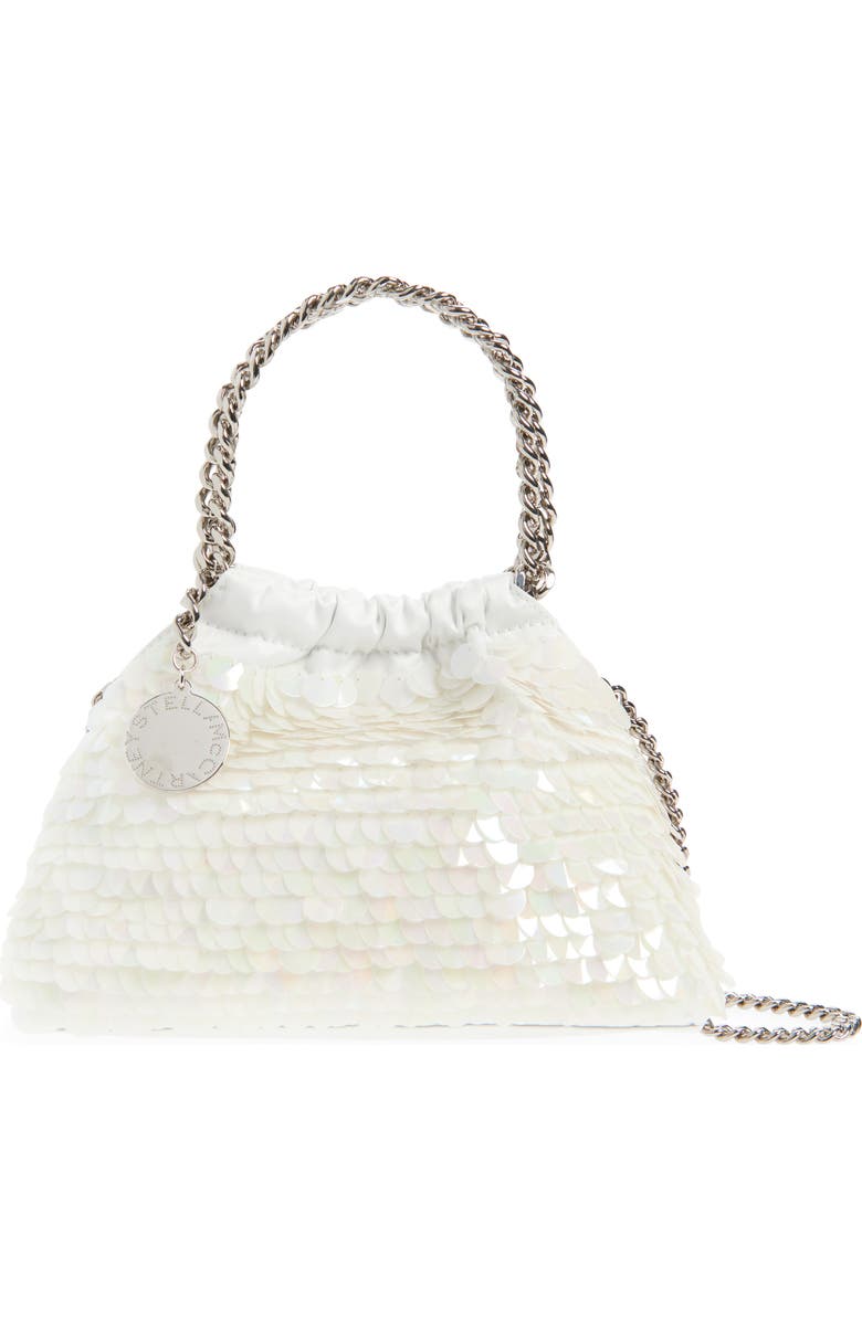 Stella McCartney Mini Falabella Sequin Drawstring Bag, Main, color, White