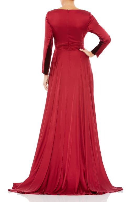 Mac Duggal Long Sleeve Ruched Waist A-line Gown In Red