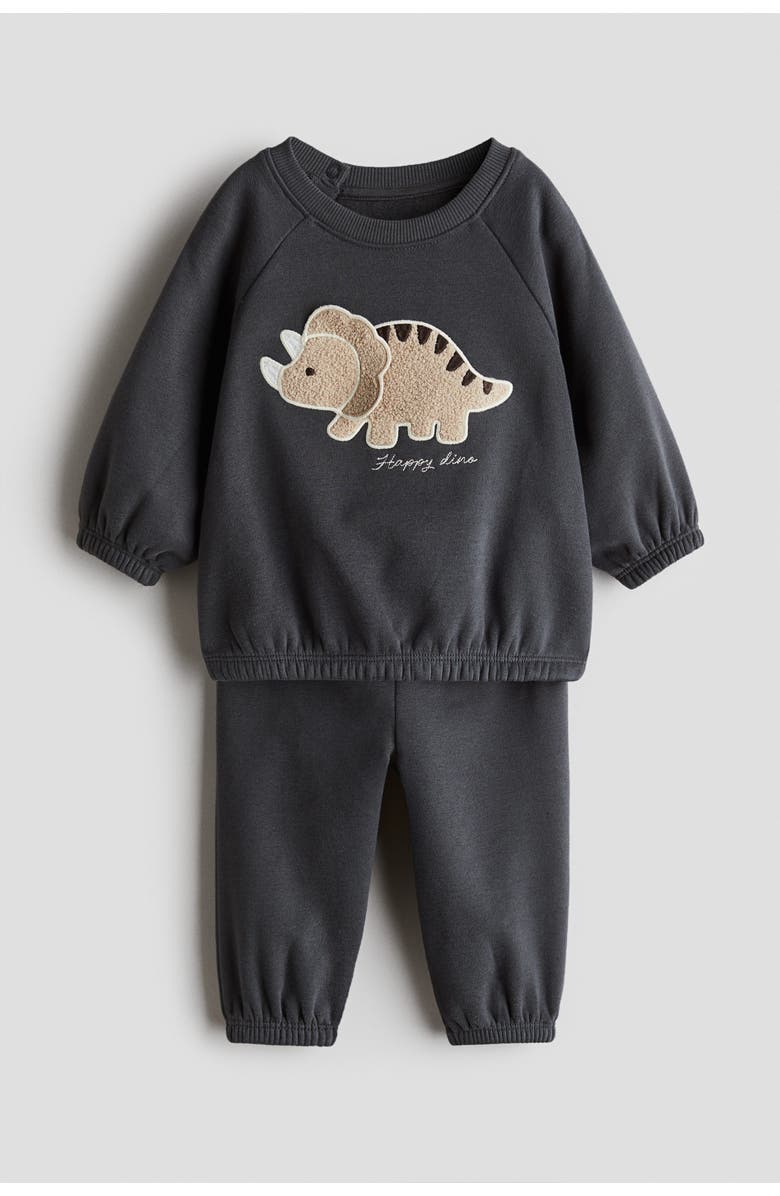 H&M 2-piece Teddy-detail Sweatshirt Set, Main, color, Dark Gray/Dinosaur