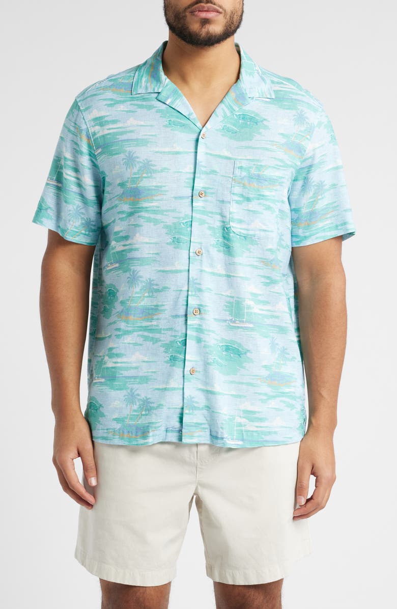 vineyard vines Island Life Print Linen Blend Camp Shirt, Main, color, Ice Water
