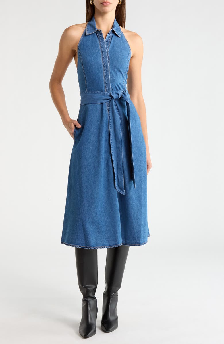 Alice + Olivia Chassidy Chambray Halter Dress, Main, color, Medium Indigo Chambray