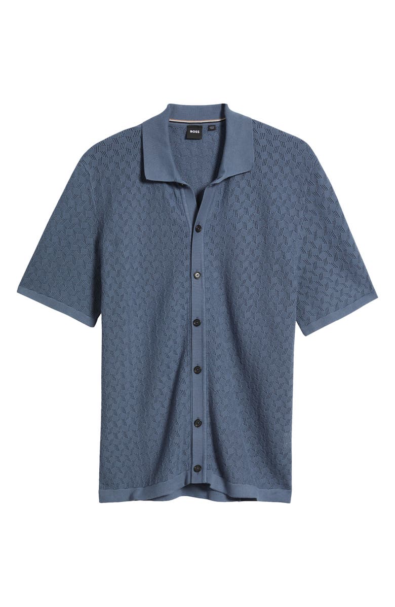 BOSS Nappo Pointelle Short Sleeve Button-Up Shirt, Main, color, Open Blue
