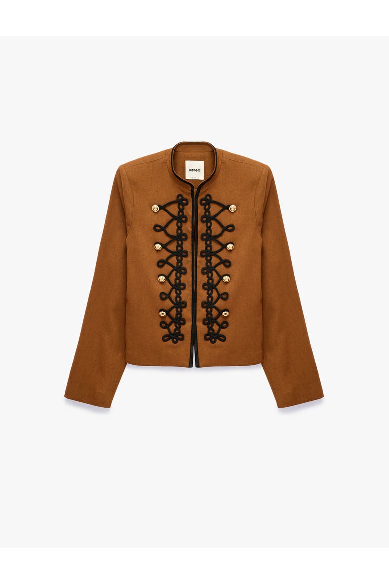 Linen Blend Mandarin Collar Napoleon Jacket with Decorative Braided Trim, Alternate, color, BROWN