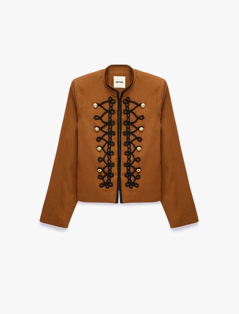 Linen Blend Mandarin Collar Napoleon Jacket with Decorative Braided Trim