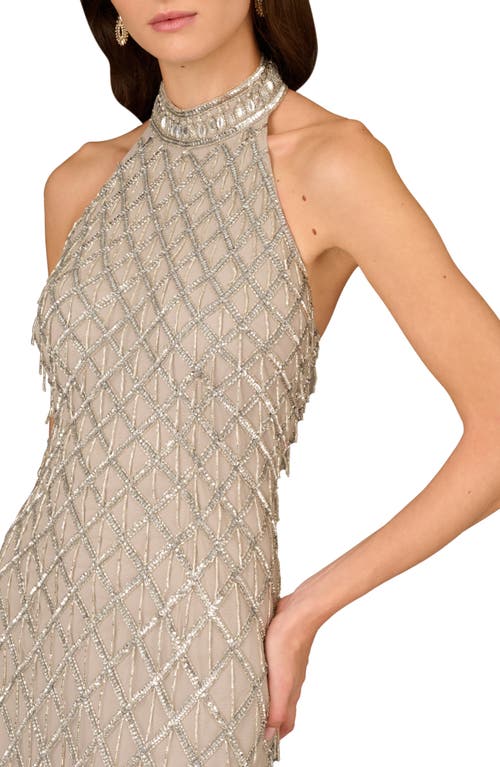 Aidan Mattox By Adrianna Papell Beaded Halter Column Gown In Silver