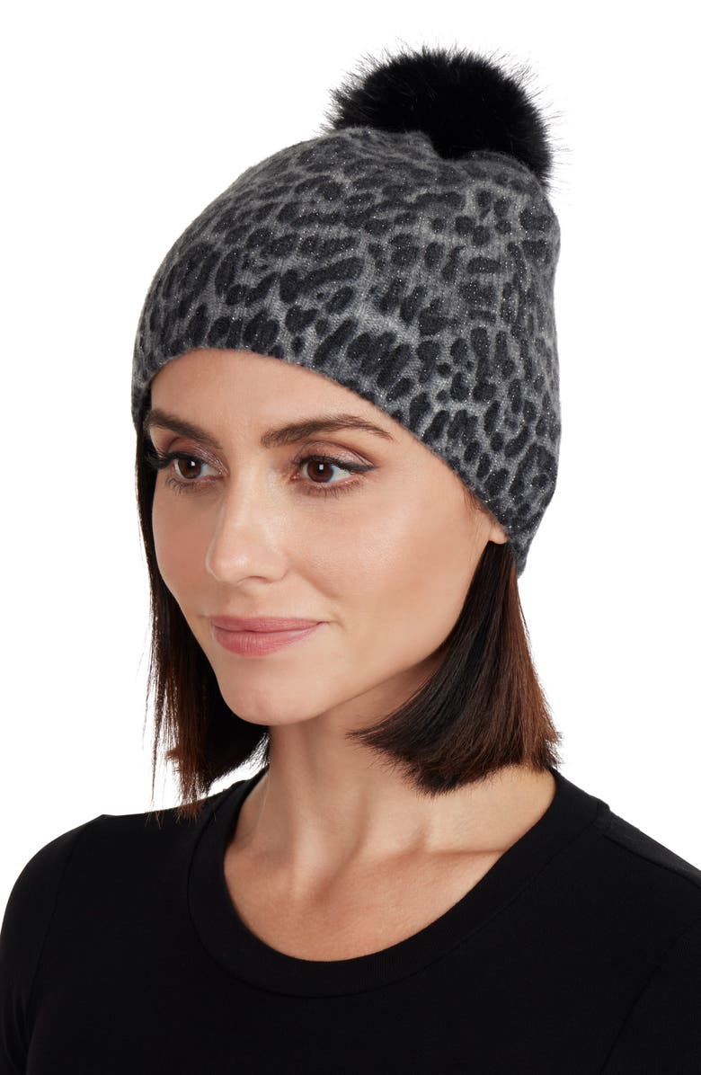 Sofia Cashmere Faux Fur Pom Cashmere Lurex Knit Beanie, Alternate, color, 