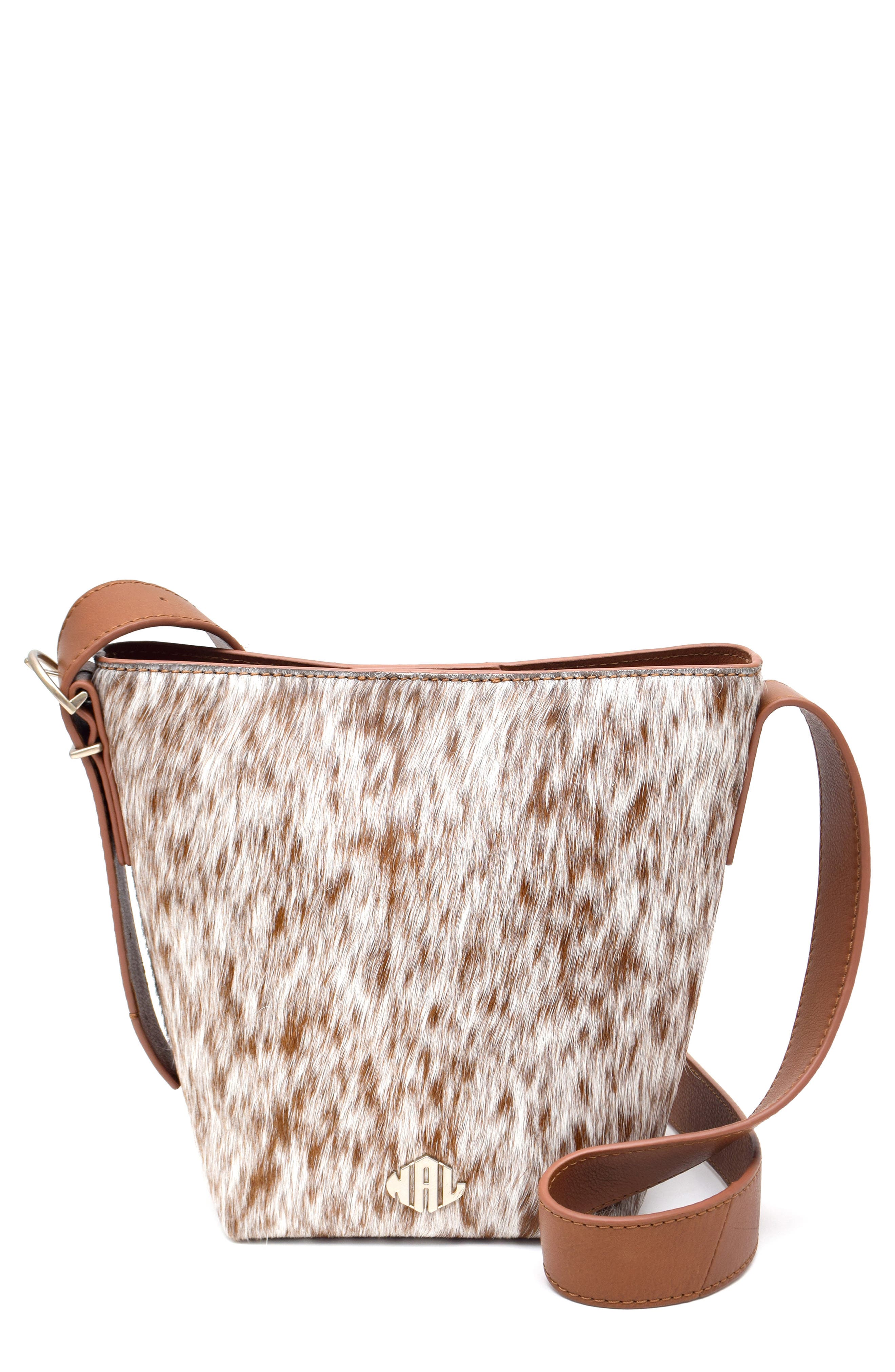 New Amsterdam Leatherworks Jayden Genuine Calf Hair Bucket Bag, Main, color, Chestnut/ Ivory