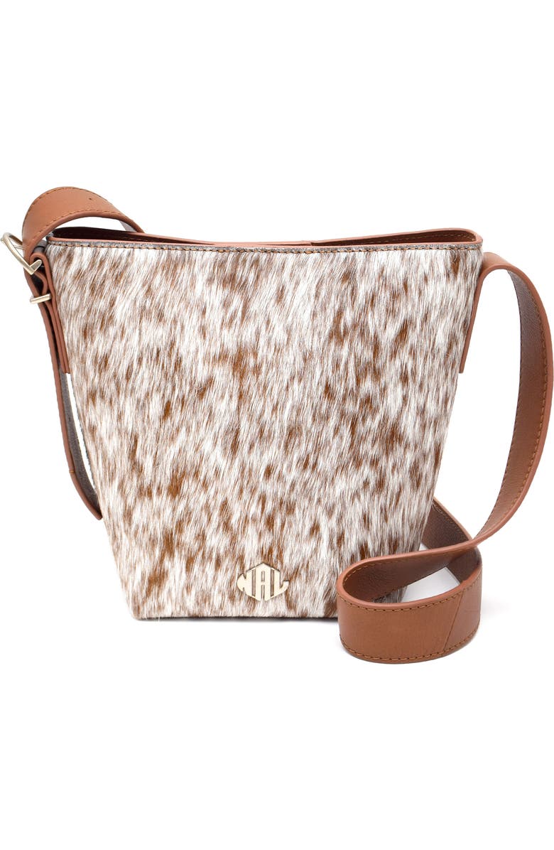 New Amsterdam Leatherworks Jayden Genuine Calf Hair Bucket Bag, Main, color, Chestnut/ Ivory