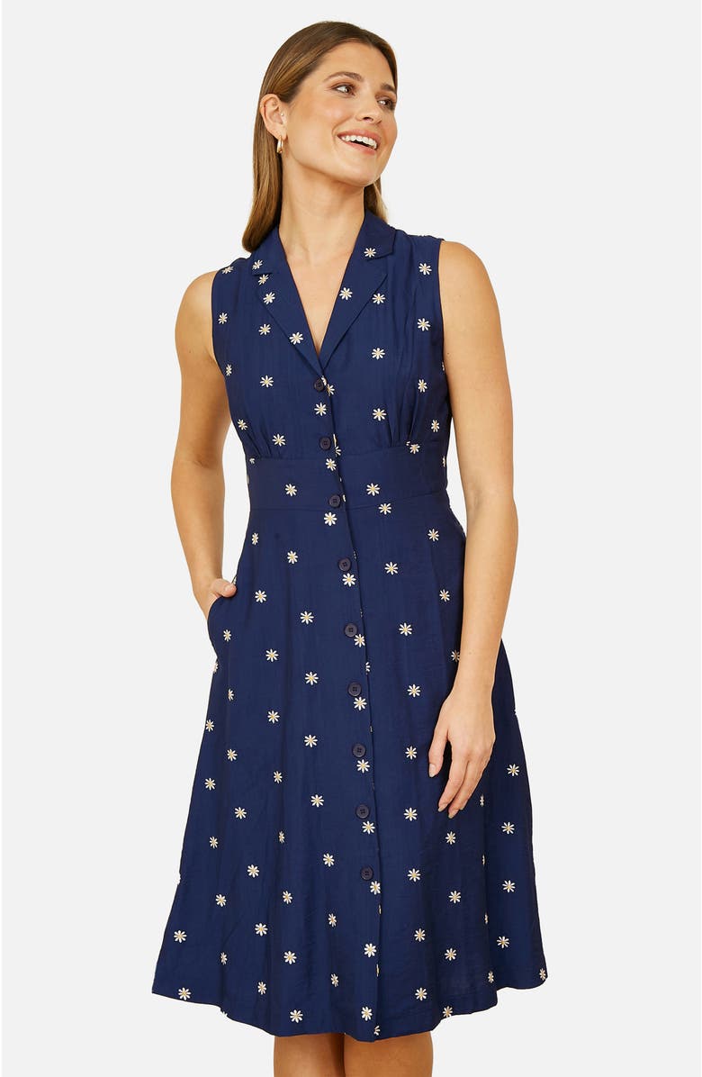 Yumi Daisy Print Sleeveless Shirt Dress, Alternate, color, Navy