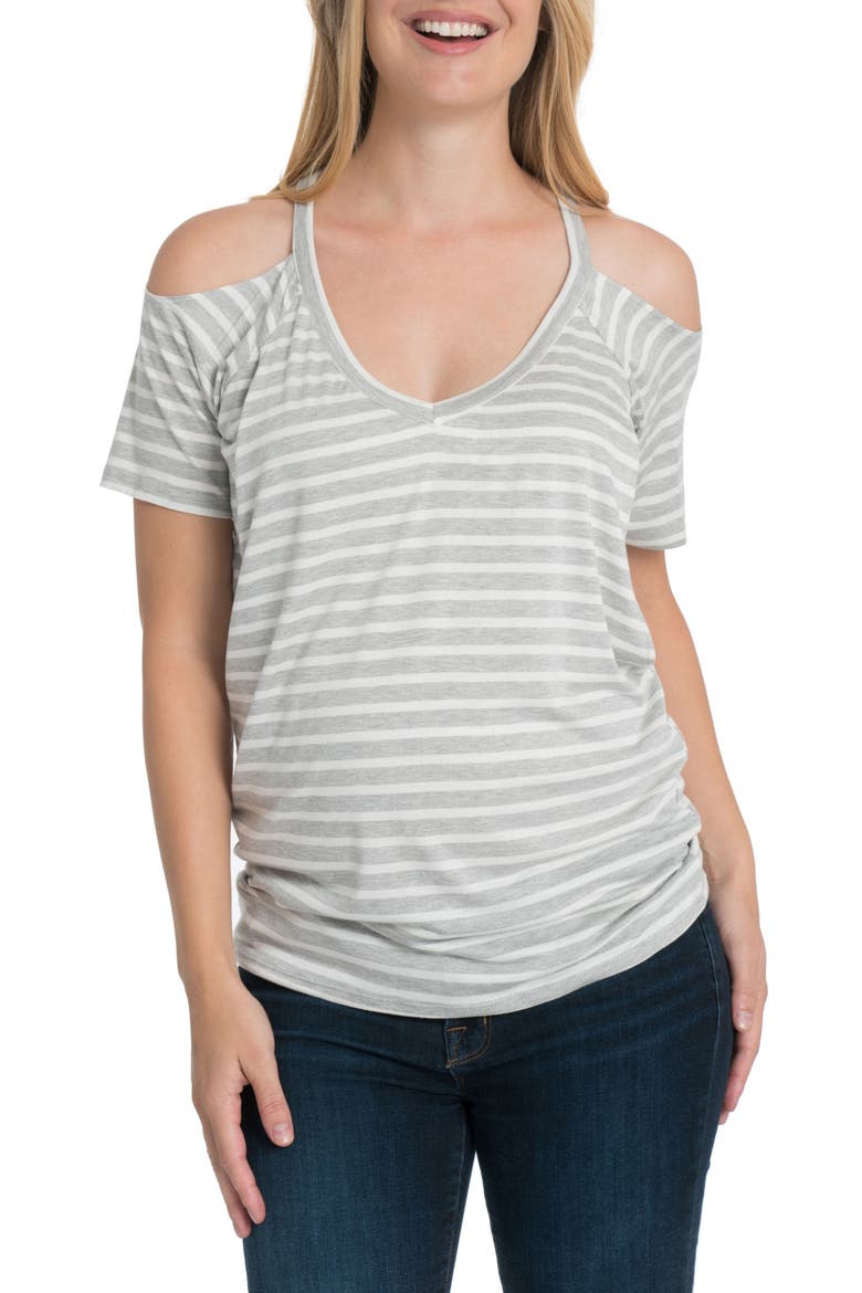Bliss Cold Shoulder Maternity/Nursing Tee, Main, color, GRAY AND WHITE STRIPE