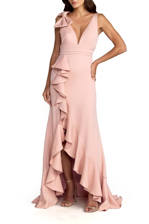 Crepe Sleeveless Ruffled V-Neck Gown With Bow