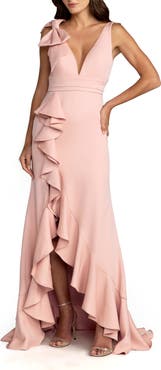 Mac Duggal Crepe Sleeveless Ruffled V-Neck Gown With Bow