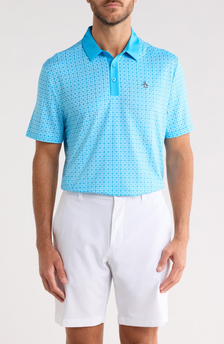 Original Penguin Layered Windowpane Print Knit Polo, Main, color, Malibu Blue