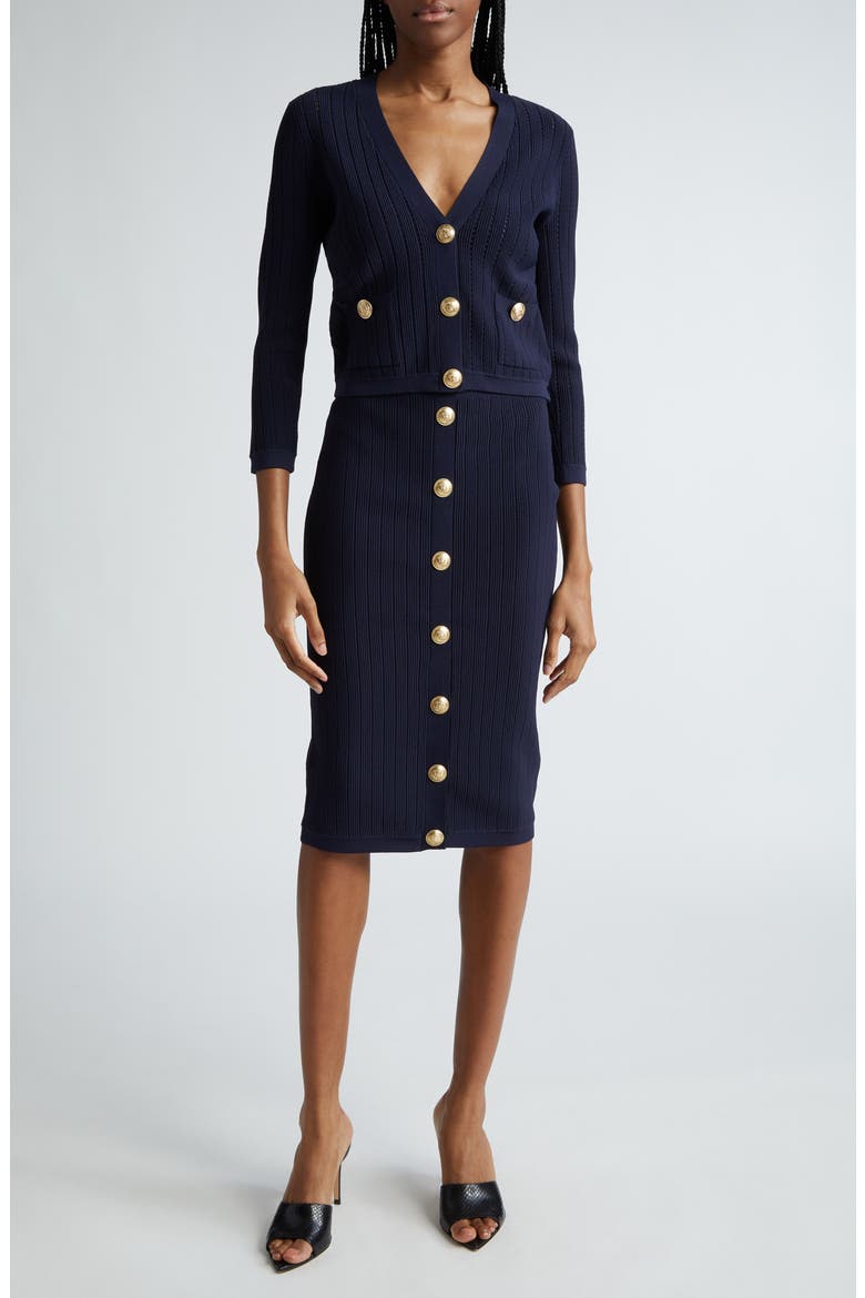 Melania Pointelle Button Front Sweater Skirt, Alternate, color, MIDNIGHT/ GOLD