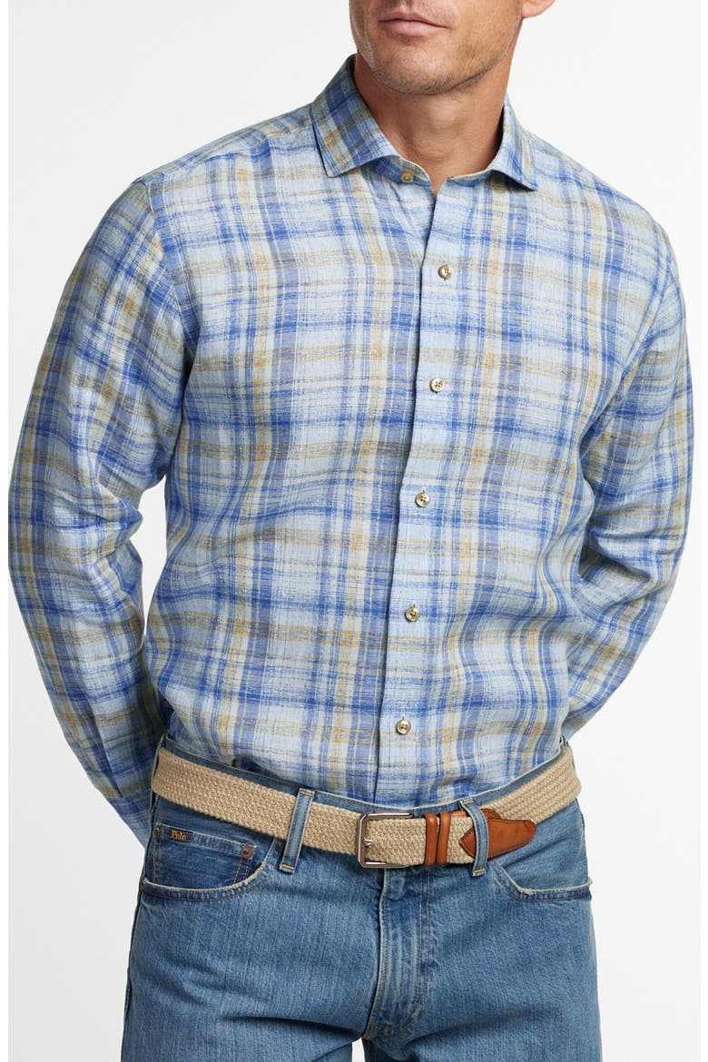 Linen Check Sport Shirt, Main, color, BLUE/ DUNE