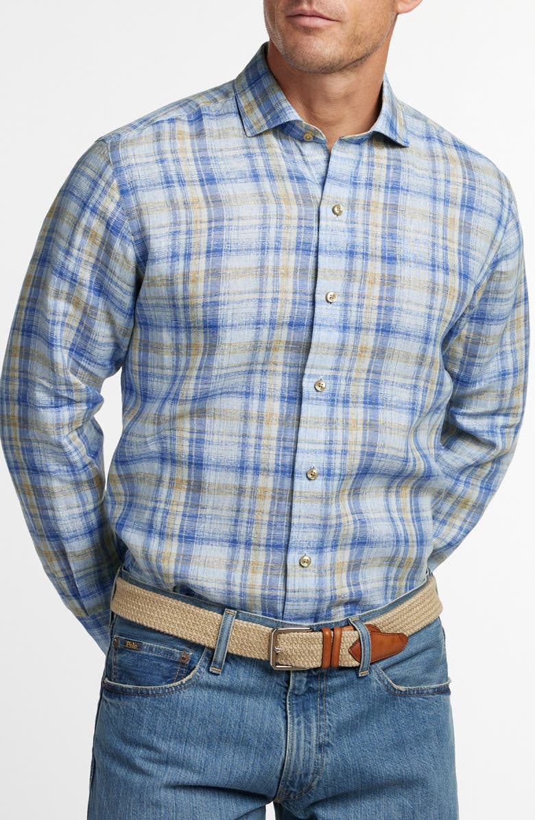 David Donahue Linen Check Sport Shirt, Main, color, Blue/ Dune