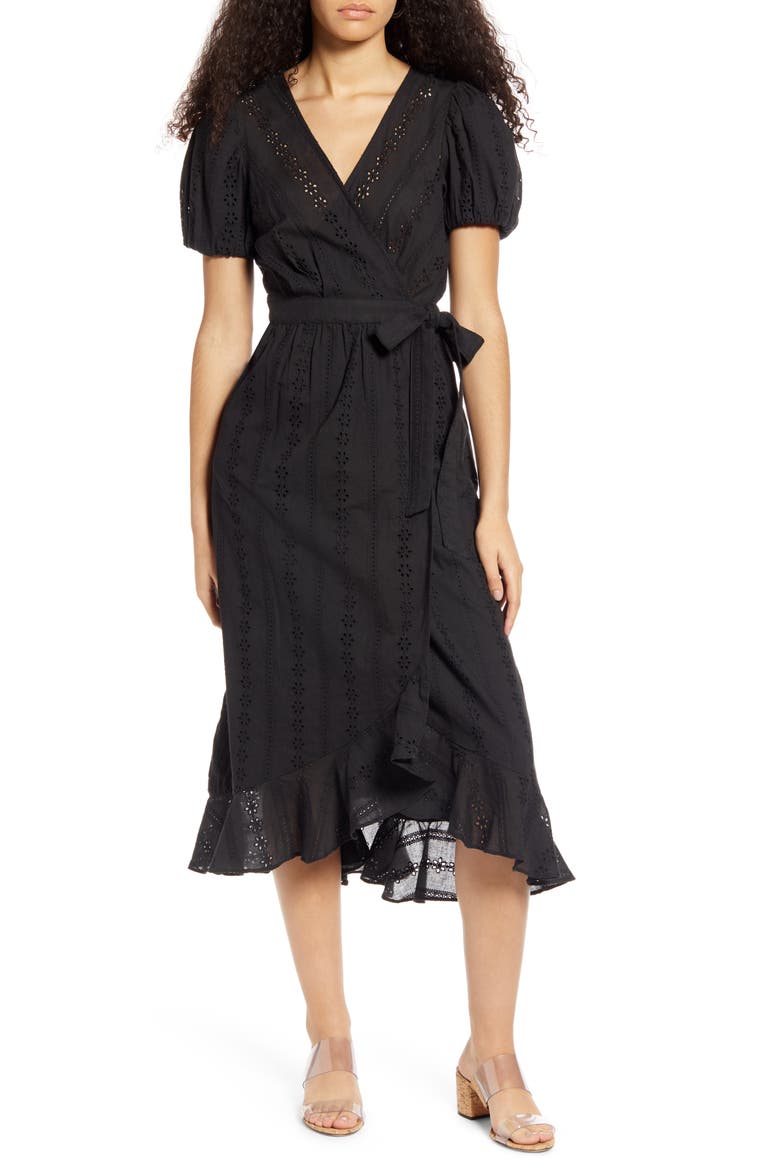 Puff Sleeve Eyelet Wrap Dress, Main, color, BLACK
