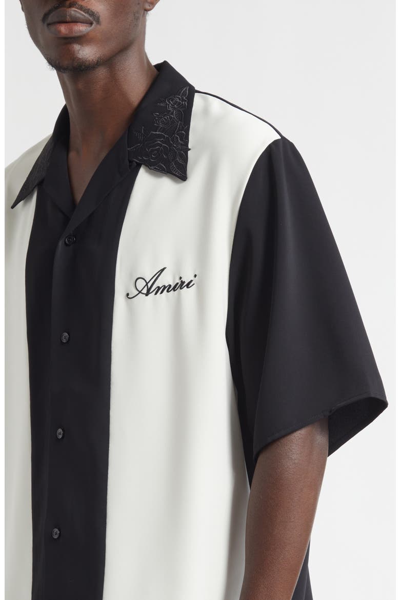 Colorblock Floral Embroidered Camp Shirt, Alternate, color, BLACK
