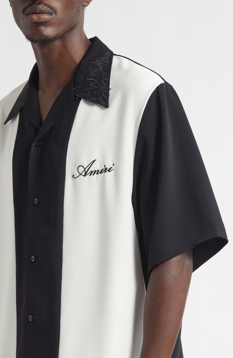 AMIRI Colorblock Floral Embroidered Camp Shirt, Alternate, color, Black