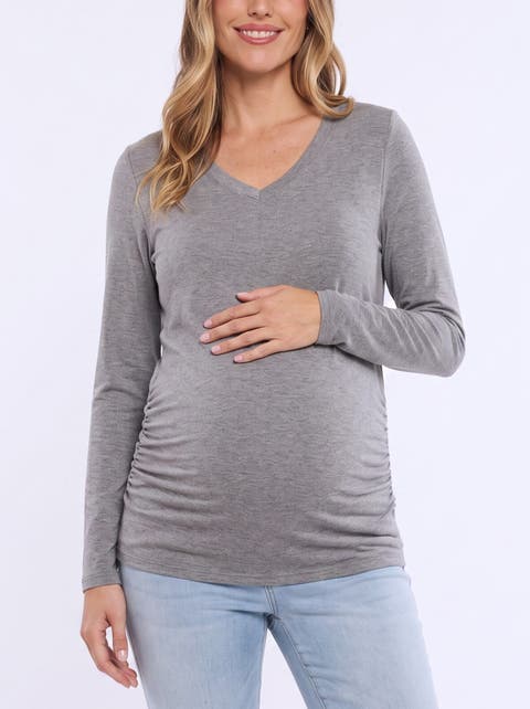 V-Neck Side-Ruched Maternity Long Sleeve Tee
