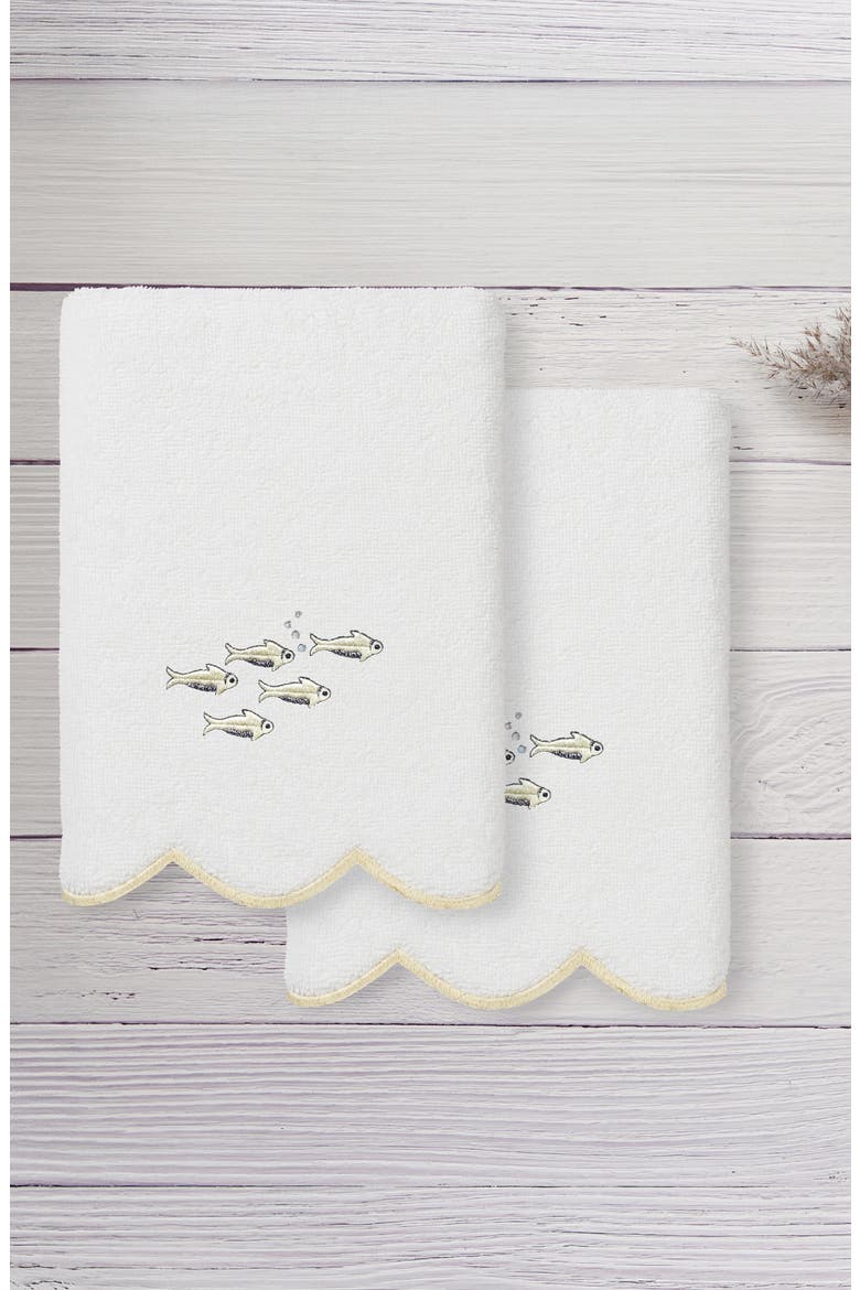 2-Piece Fish School Embroidered Turkish Cotton Hand Towel Set, Alternate, color, WHITE/ BEIGE