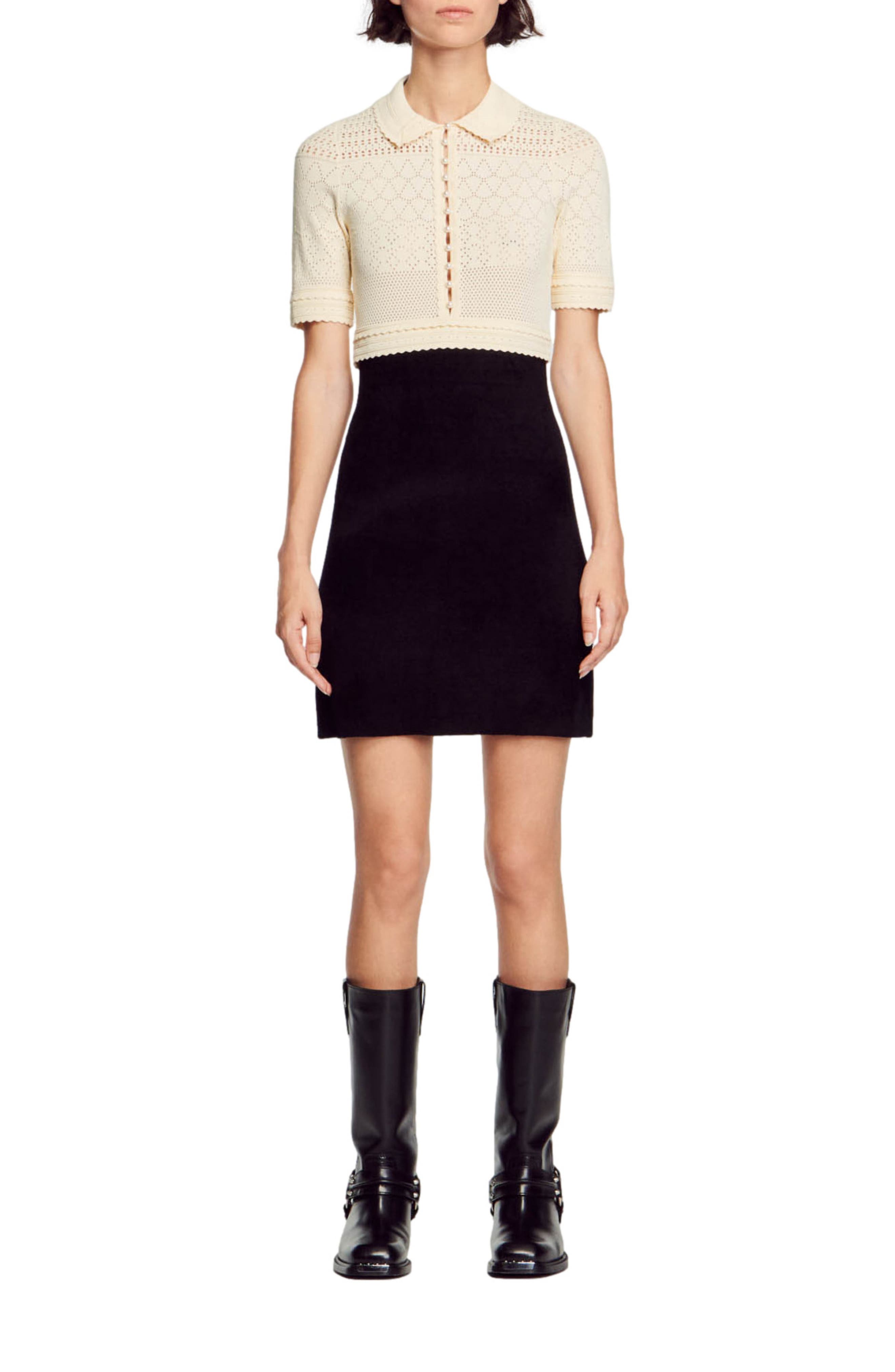 Solene Short Sleeve Sheer Pointelle Crop Sweater