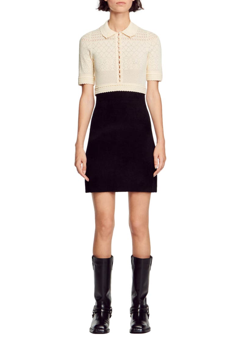 Solene Short Sleeve Sheer Pointelle Crop Sweater, Main, color, BLACK
