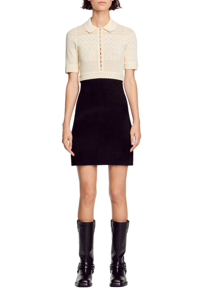 SANDRO Solene Short Sleeve Sheer Pointelle Crop Sweater, Main, color, Black