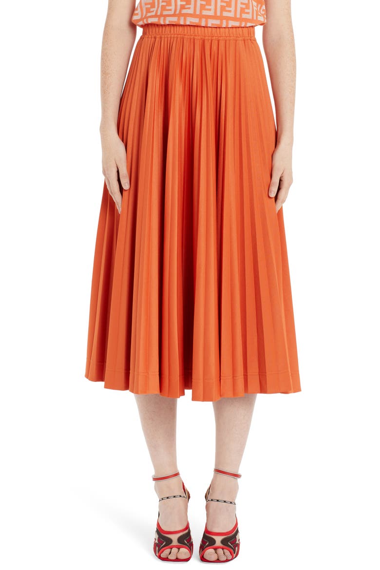 Pleated Jersey Midi Skirt, Main, color, KUMQUAT