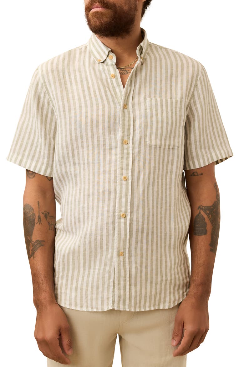Laguna Short Sleeve Linen Button-Down Shirt, Main, color, GREEN HILL STRIPE