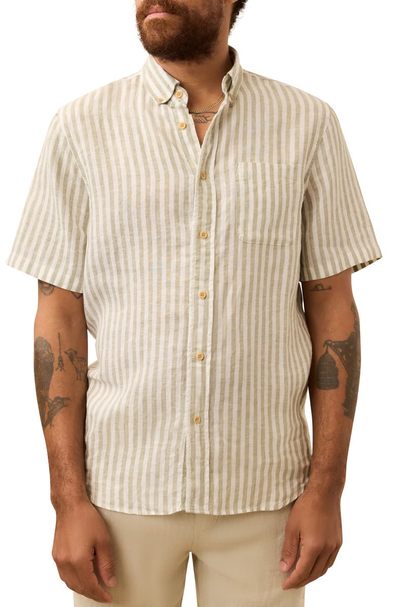 Faherty Laguna Short Sleeve Linen Button-Down Shirt, Main, color, Green Hill Stripe
