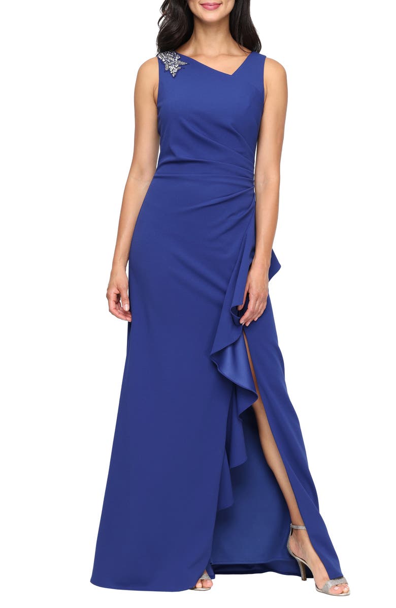 Alex Evenings Ruffle Stretch Crepe Gown, Main, color, Cobalt