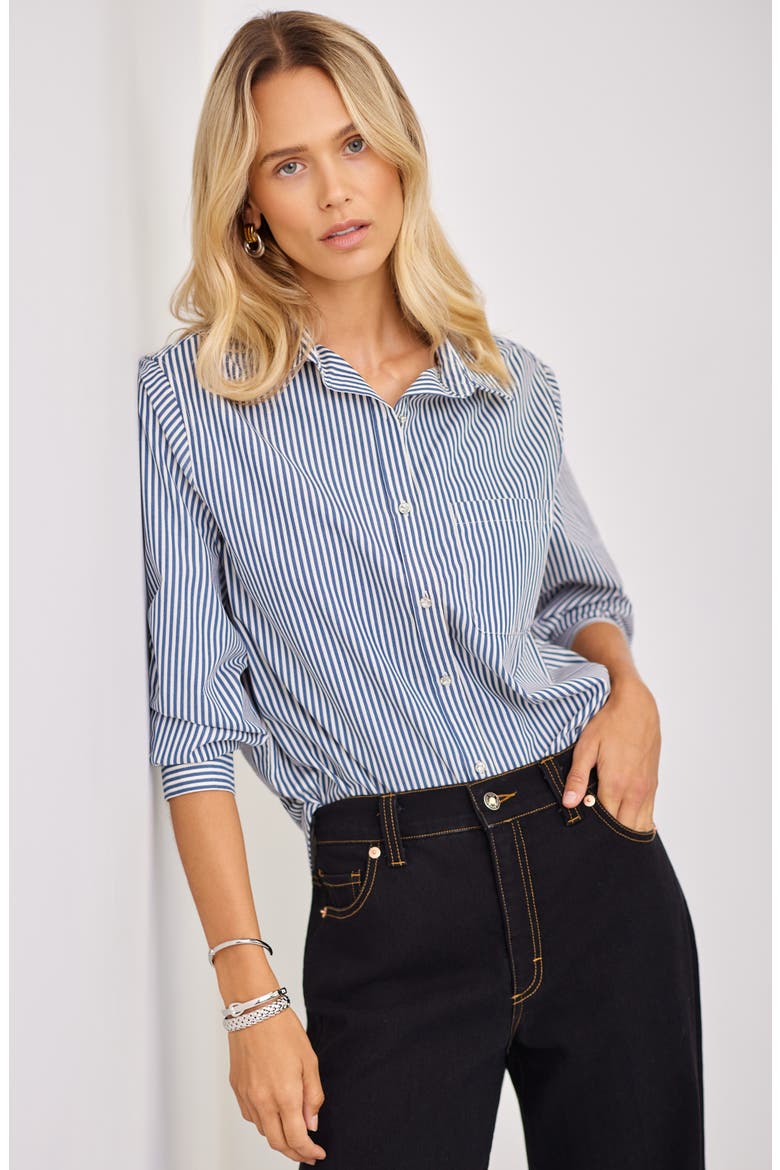 Stripe Cotton Button-Up Shirt, Alternate, color, BLUE W/ OFF WHITE