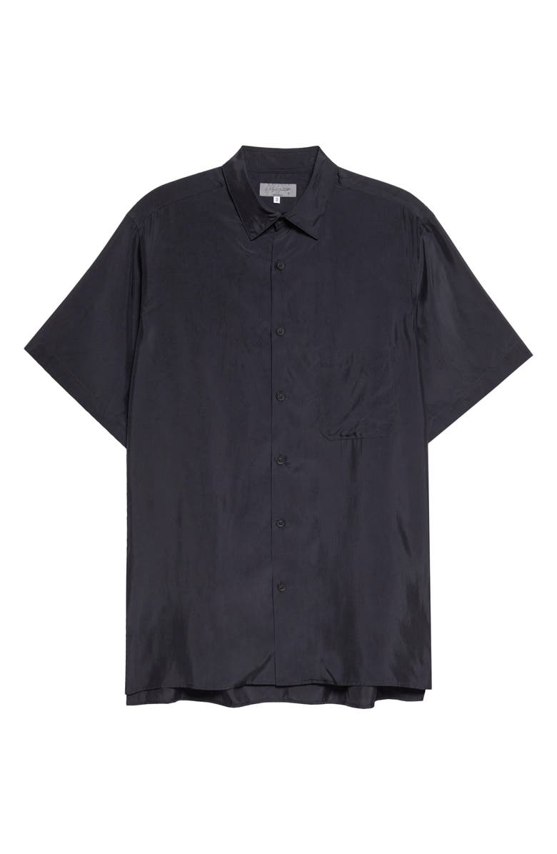Yohji Yamamoto Big Short Sleeve Cupro Taffeta Button-Up Shirt, Main, color, Black