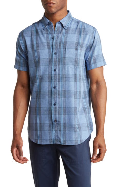 Short Sleeve Plaid Print Button-Up Performance Shirt