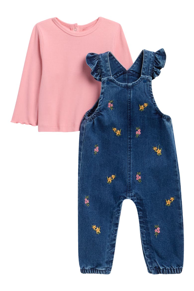 Kids' T-Shirt & Flower Overalls Set, Main, color, BLUE