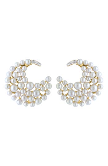Effy 14k Gold Diamond & 2-3mm Freshwater Pearl Moon Earrings In White