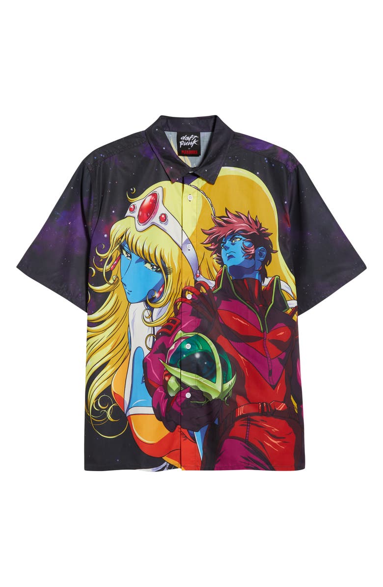 PLEASURES x Daft Punk Interstella Short Sleeve Satin Button-Up Shirt, Alternate, color, Multi