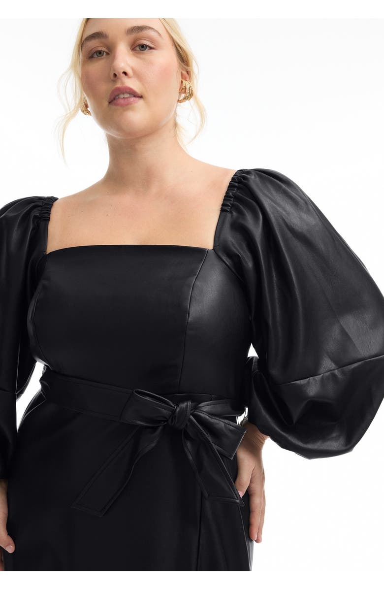 June + Vie Puff Sleeve Faux Leather Midi Dress, Alternate, color, Black Onyx
