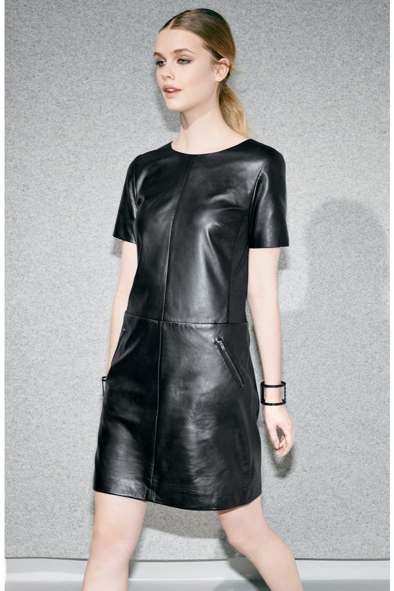 Leather & Ponte Knit Shift Dress, Alternate, color, BLACK