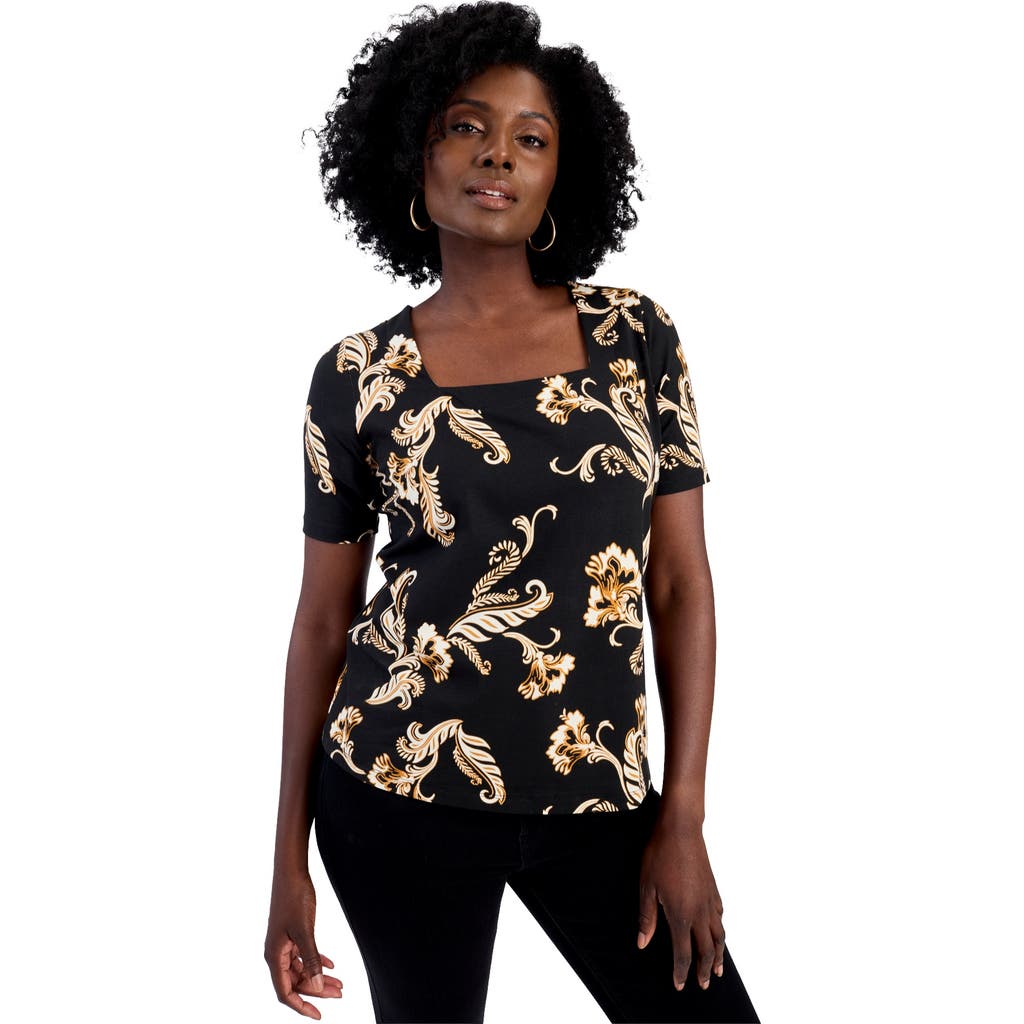 Jessica London Stretch Cotton Square Neck Tee In Black