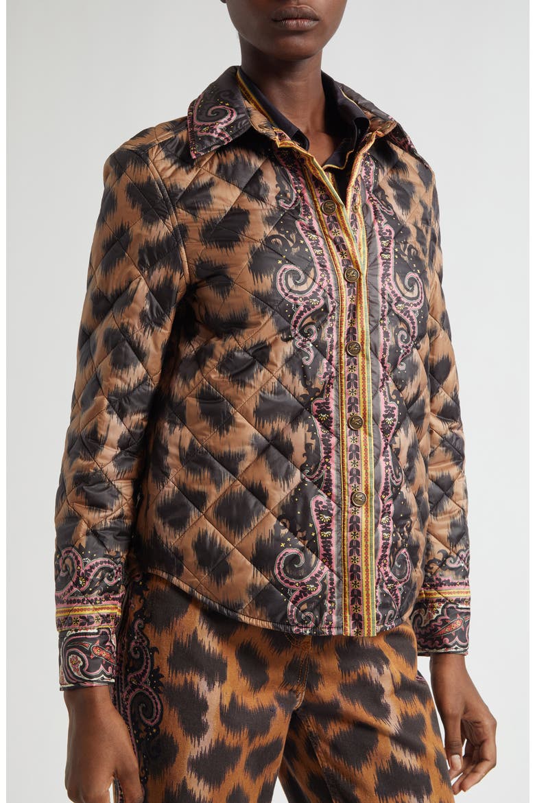 Print Quilted Down Jacket, Alternate, color, DARK BROWN