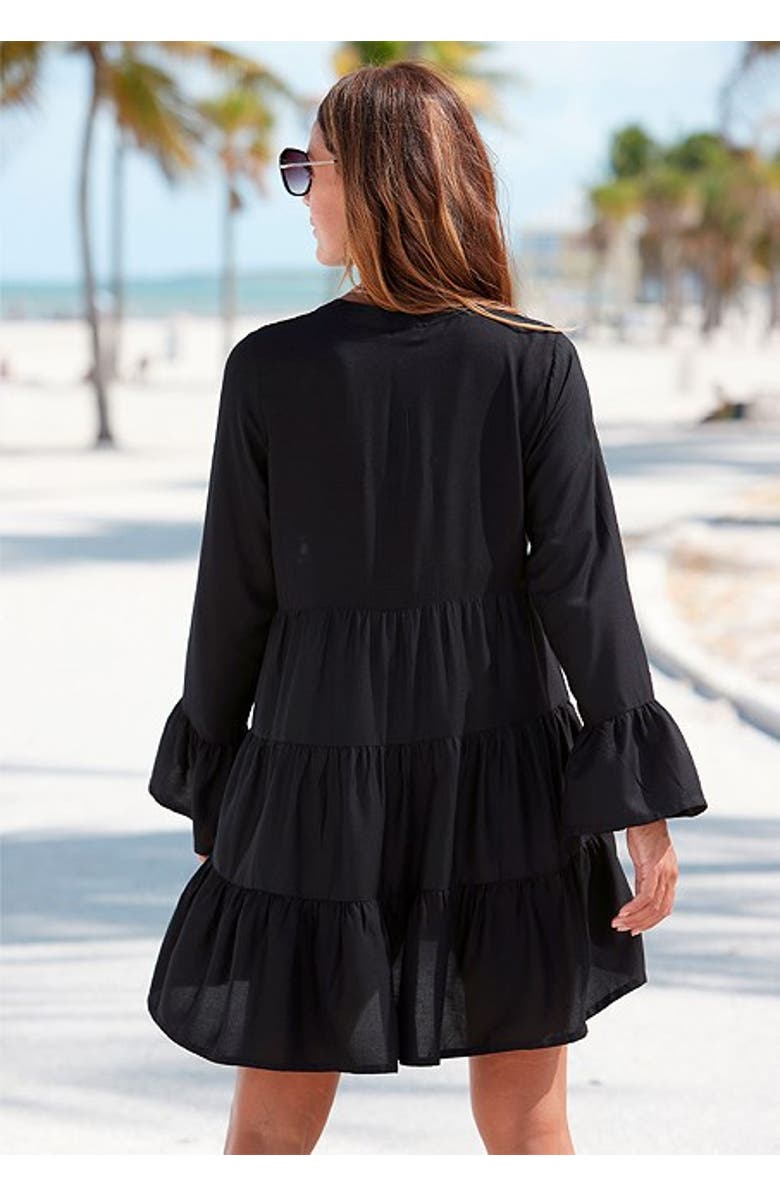 LASCANA Women's Flowy Flared Sleeve Dress, Alternate, color, Black